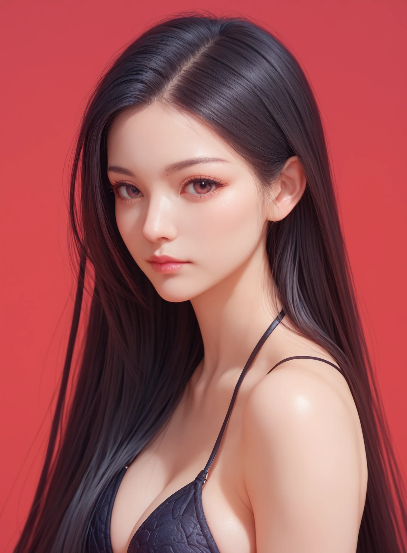,score_9,score_8_up,score_7_up, 20 years old, 8k, hd, beautiful girl, black hair, very long hair, straight hair, closed mouth,
1girl, detailed face, beautiful woman's face, bikini, bra, red background, looking at viewer,