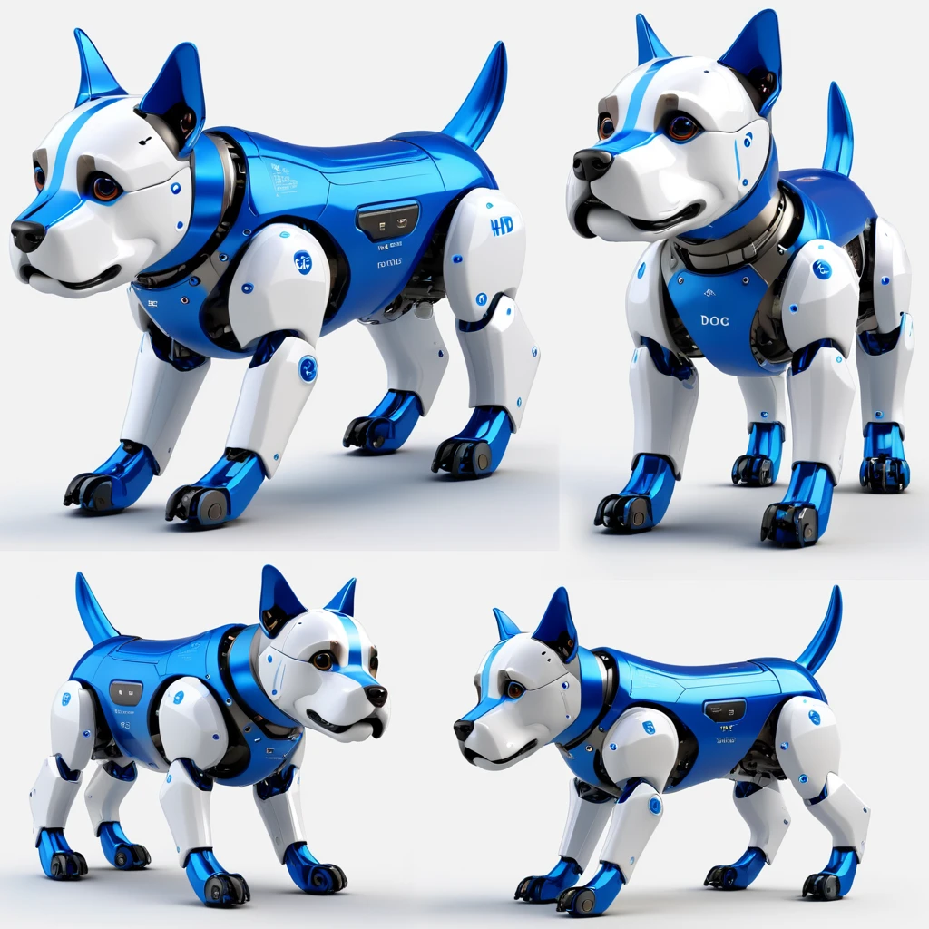 Robot dog,cute,metal,white and blue,Product design drawings,It includes illustrations of different views such as front view , side view , back view , top view , Individual object,a computer rendering,white_background,octane render,morphyrichards {masterpiece},{best quality},highres,8k,wlop,stunning,much detail,UHD,