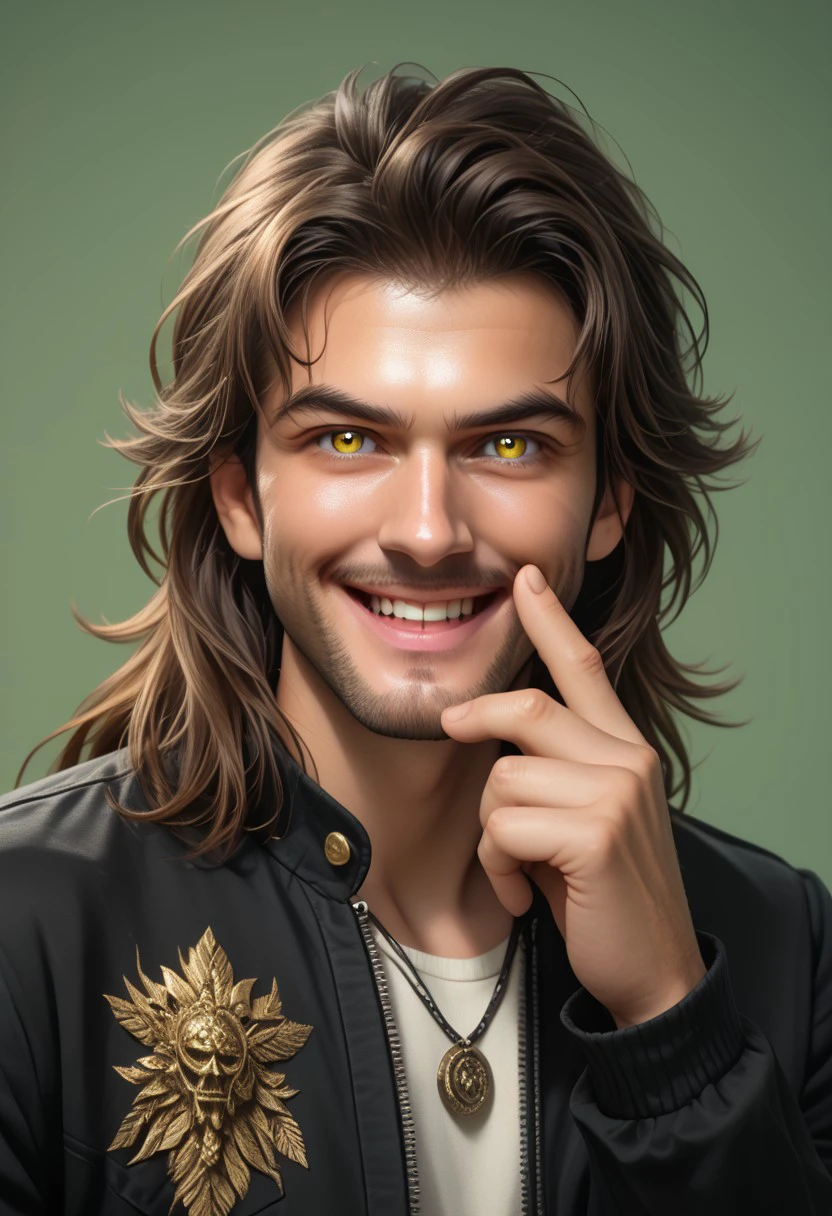 1boy, solo, male focus, facial hair, looking at viewer, simple background, jacket, upper body, jewelry, long hair, hand up, necklace, green background, black jacket, yellow eyes, black hair, smile, brown hair, shirt, beard, parody, open mouth, \m/, , hyperrealism, portrait photography, specular highlights, studio lighting, studio photography, 8k , y 8k wallpaper, ultra detailed, beautiful and aesthetic, High quality, beautiful, masterpiece, best quality, realistic BREAK  PonyXLV6_Scores