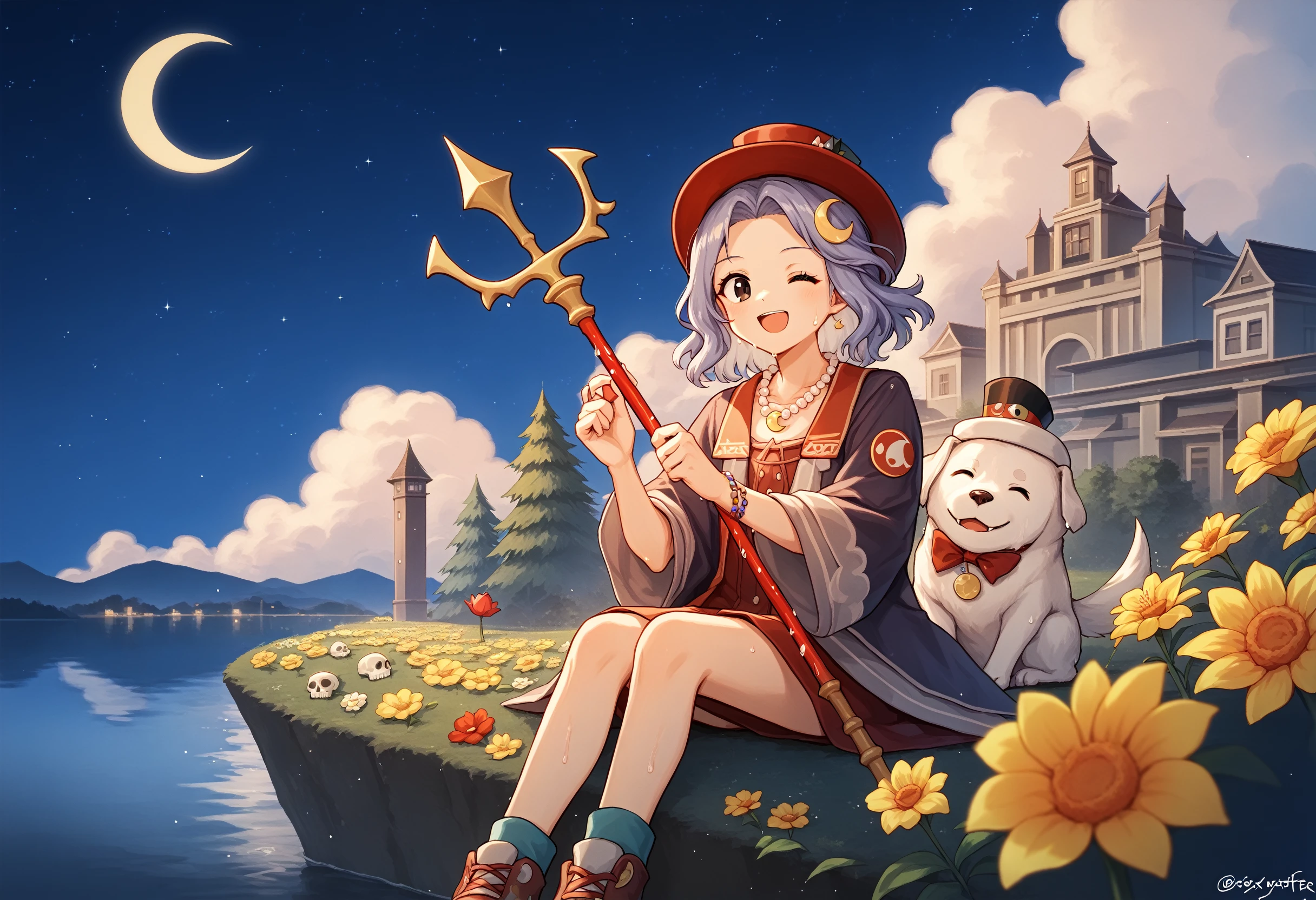 score_9, score_8_up, score_7_up, BREAK
scenery, landscape, wide shot, flower necklace, wet hat, night sky, open mouth, jewelry boxster (battle), tooth hair ornament, crescent moon, moon, smile, tanzoku yuriko (moister), red headwear, building, star (sky), no nose, beads, skull on head, cloud, starry moon, tree, dog, sitting, no mouth, fading, ^_^, one eye closed, night, red tulip, yellow flower, closed eyes, closed mouth, crescent, black eyes, top hat, tobik's stake (pinstri-36), paw print, starry sky, star (symbol), outdoors, blue sky, arms up, water, furrowed brow, sky, hat, holding, holding trident