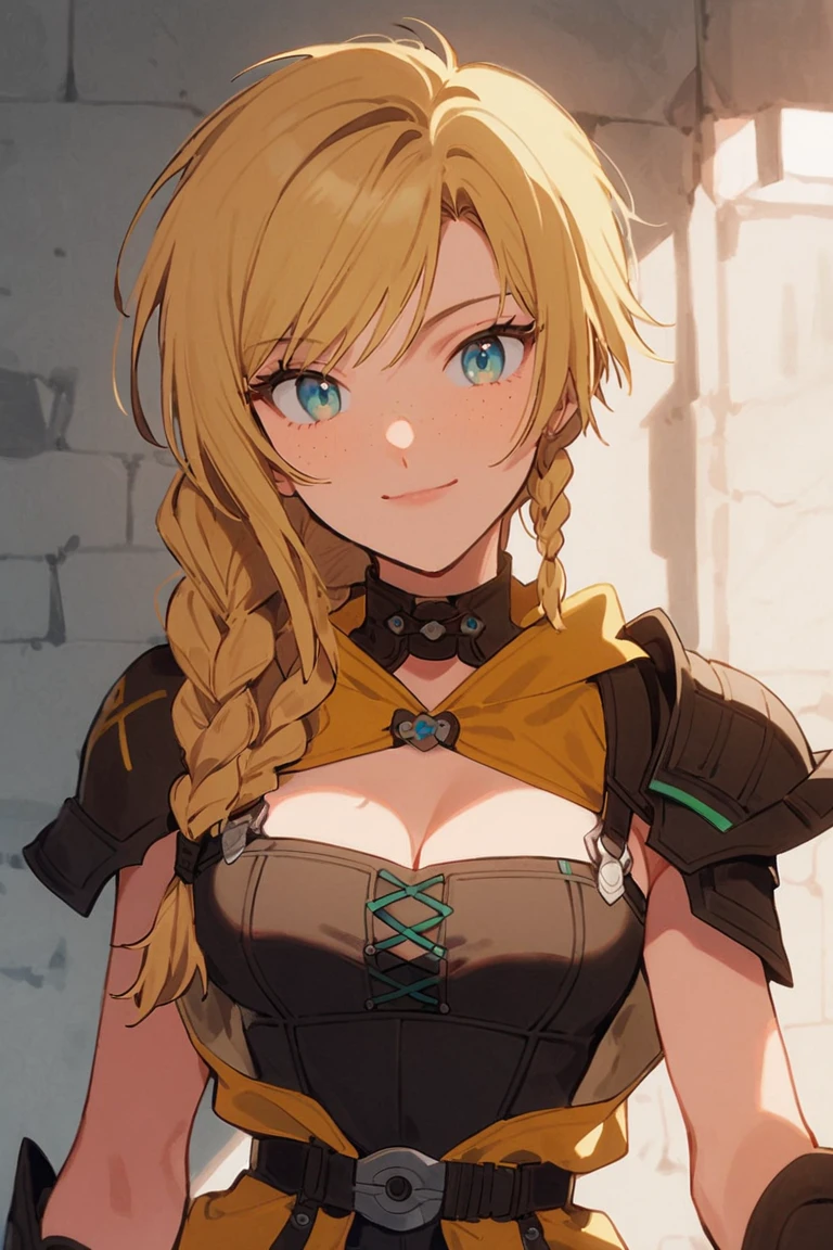 score_9, score_8_up, score_7_up, score_6_up, biancawhitaker, 1girl,solo,long hair,breasts,blueeyes,blonde hair,cleavage,medium breasts,green eyes,braid,belt,armor,twin braids,single braid,hair over shoulder,freckles,<lora:Bianca_Whitaker:0.9>, looking at viewer, light smile, <lora:add-detail-xl:1>