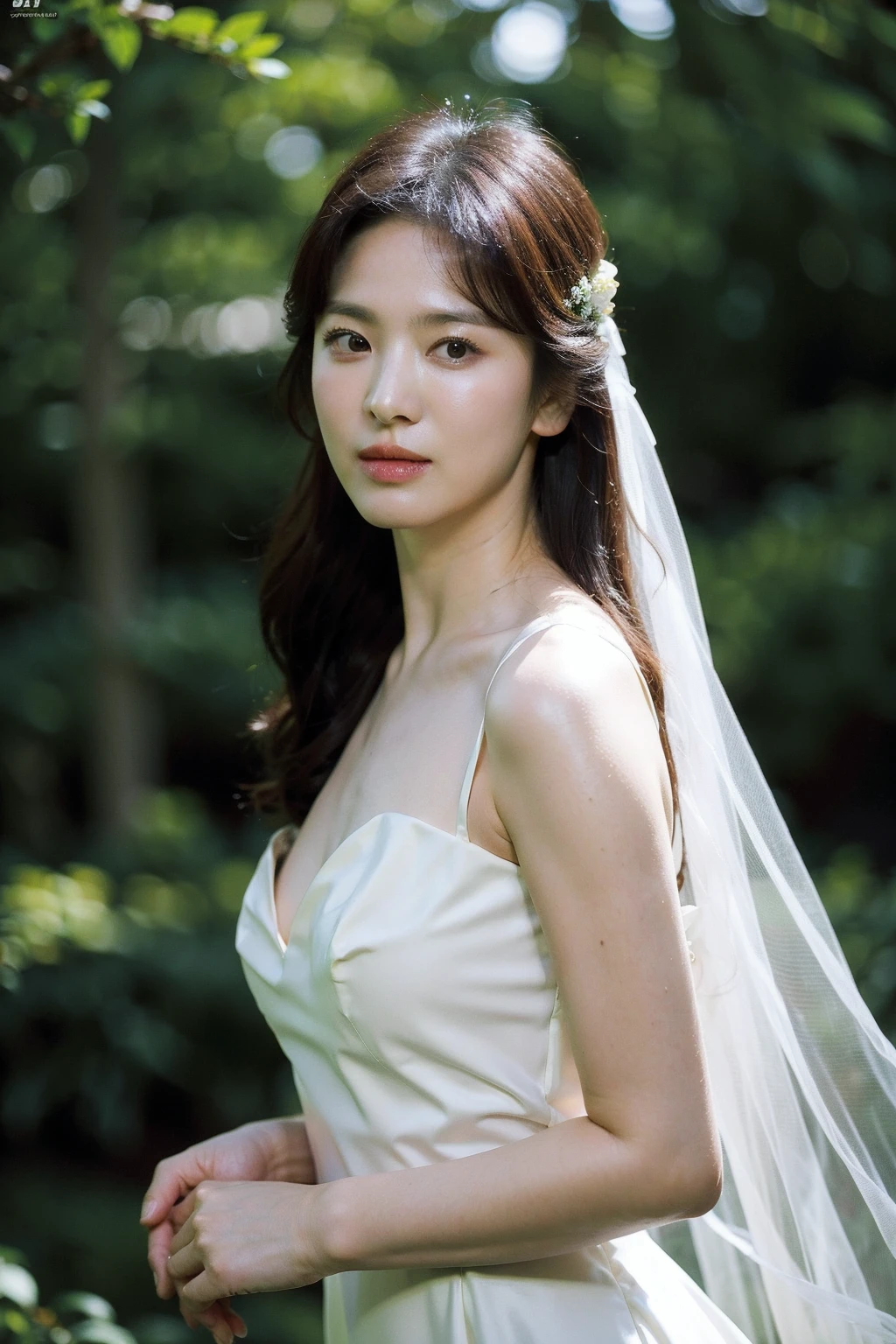 Best quality, masterpiece, ultra high res, (photorealistic), raw photo,1girl, upper body,solo, realistic, looking at viewer, long hair, bokeh background, forest, wedding dress, <lora:makina69_songhyekyo_v1.0:1>