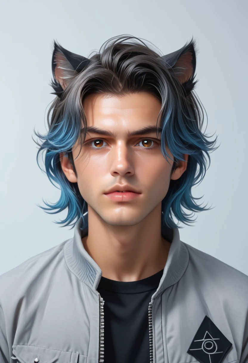 solo,  looking at viewer,  simple background,  shirt,  two tone hair,  gradient hair,  black hair,  blue hair,  brown eyes,  1boy,  animal ears,  jacket,   male focus,  parted lips,  cat ears,    grey jacket, hyperrealism, portrait photography, specular highlights , realistic BREAK  PonyXLV6_Scores