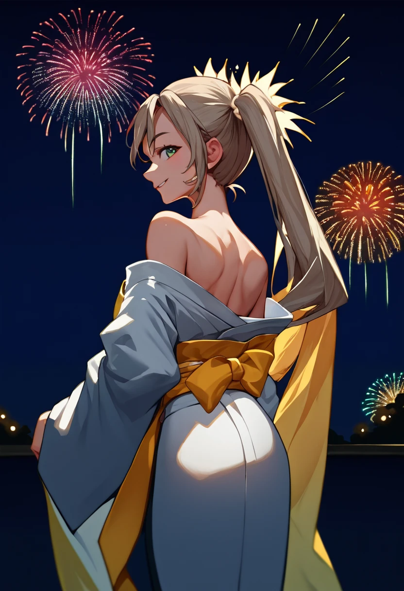 score_9, score_8_up, score_7_up, source_anime, from behind, solo, 1girl, electricmiku, smile, looking back, twintails, japanese clothes, white kimono, off shoulder, yellow sash, bare shoulders, fireworks <lora:projectvoltage_electricmiku_ponyXL:1>