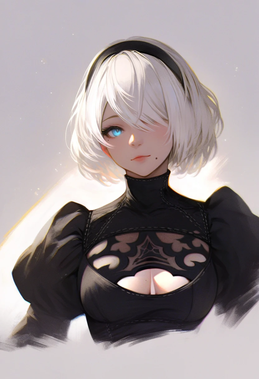 score_9, score_8_up, score_7_up, score_6_up, <lora:RECXL_P6_lokr_V43P1NF:0.95> 1girl, 2b \(nier:automata\), breasts, solo, mole under mouth, blue eyes, mole, white hair, hairband, cleavage, cleavage cutout, upper body, dress, clothing cutout, white background, hair over one eye, black dress, short hair, black hairband, simple background, puffy sleeves, looking at viewer, juliet sleeves, cropped torso, medium breasts, long sleeves, no blindfold, closed mouth