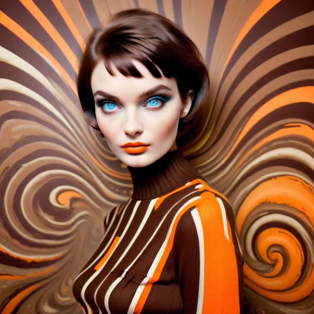 A breathtaking fashion photograph portrait, capturing a 1960s Elle woman's magazine fashion shoot featuring a stunning high-end European model with short hair and (((detailed skin))), smoky makeup, (((Kodak Porta 600-inspired backdrop))), with details  of Pop Art artist Roy Lichtenstein. A luxurious realistic 1968 stripe knit pullover dress in shades of (((chocolate brown and bright orange))), fcNeg, epiCPhotoGasm-colorfulPhoto, dvr-tldr, 