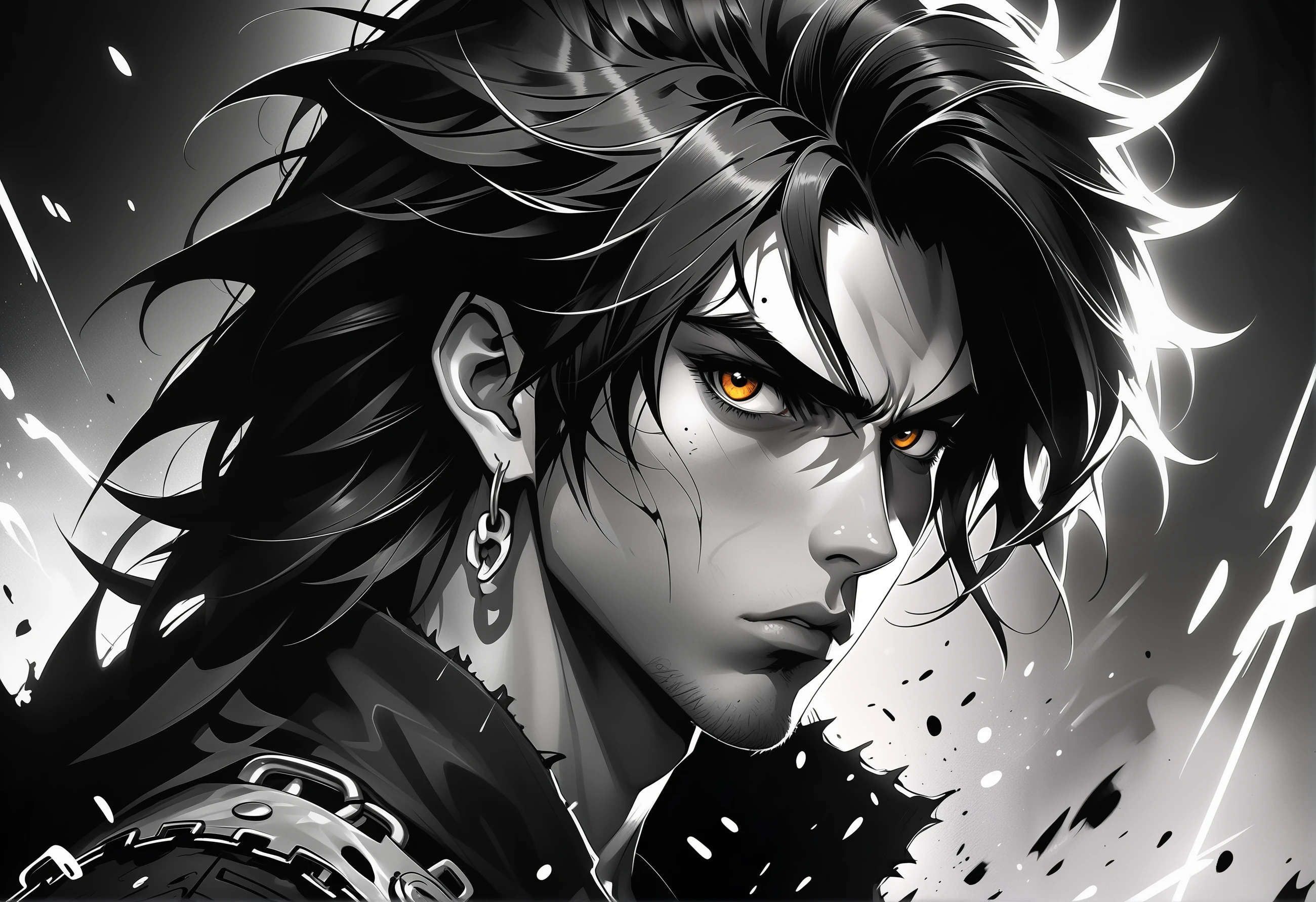 Illustration of a boy with long dark hair, brown eyes, sporting a cut eyebrow, earring, in the style of 'Chainsaw Man', intense expression, air of mystery, embodying manga's aesthetic approach, black and white, high contrast, dynamic pose, shadowing, expressive lines, digital painting, dramatic lighting.