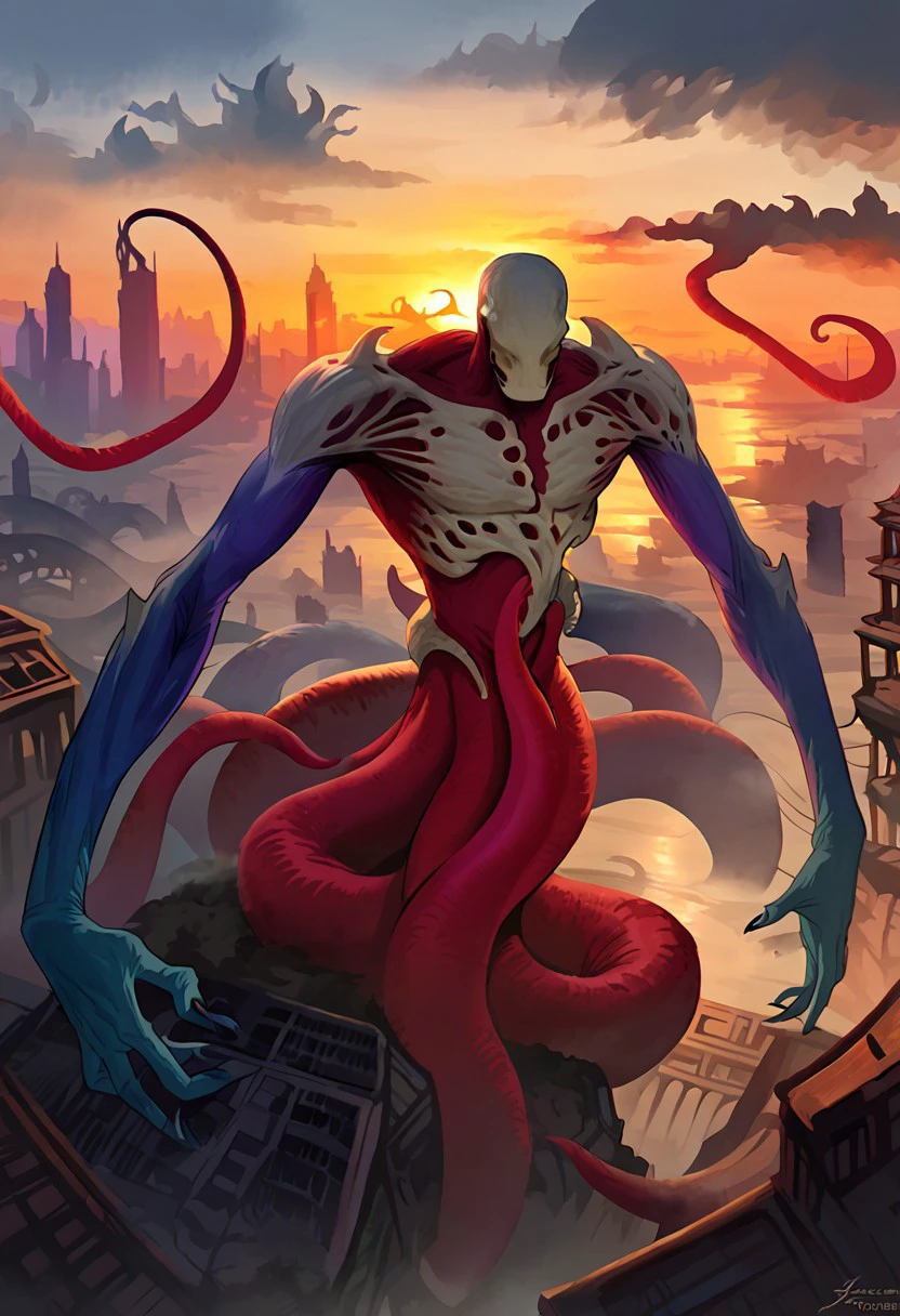 eldrazi, ulamog, extra arms, tentacles, faceless, score_9, score_8_up, score_7_up, solo, rating_safe, high angle, cityspace, sunset, fog, overcast, giant