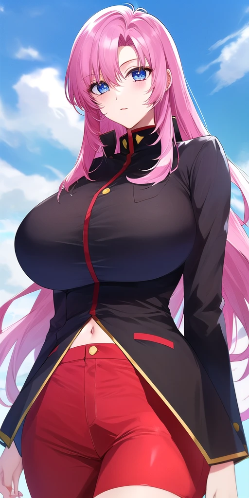 <lora:UtenaV2:0.7> utenatenjou, huge_breasts, standing, solo, black_jacket_long_sleeves_red_bike_shorts, masterpiece, best_quality, detailed_face, detailed_eyes, highres, beautiful, detailed, absurdres,