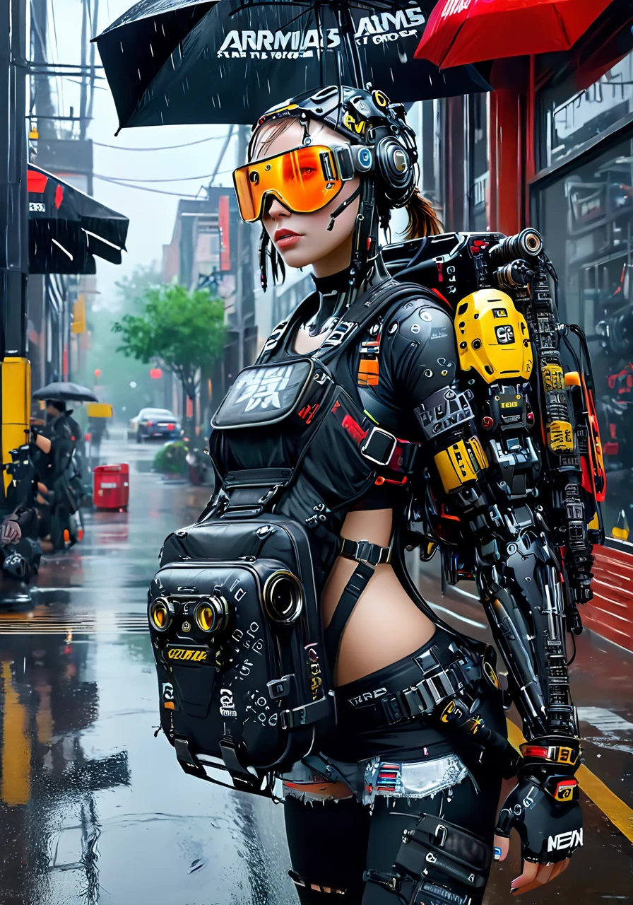 a cyborg woman, <lora:excybertechsdxl:1>, excybertechsdxl, best quality, masterpiece, mechanical parts, detailed, intricate, sneakers, cyber-ninja, robotic arms, large backpack, goggles, reflections, rain,