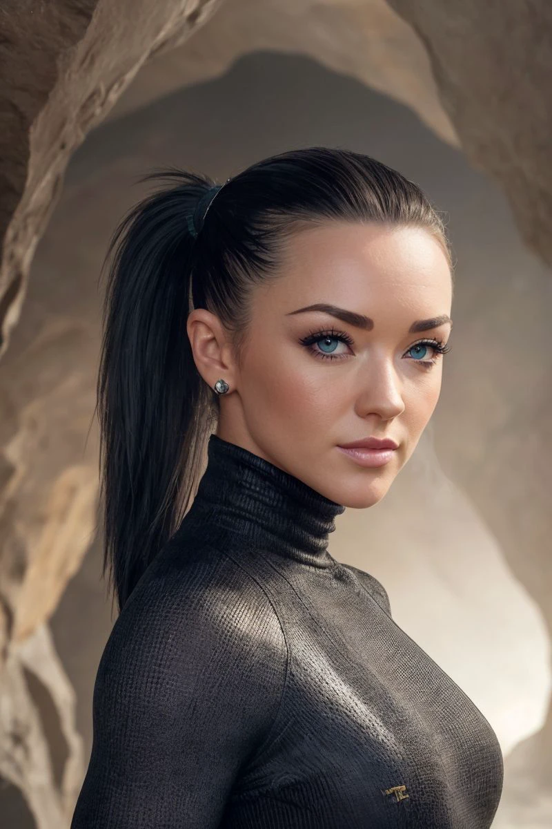 portrait of S467_ZuzuSweet,a gorgeous woman,in a (cave:1.1),wearing a (cowlneck),(ponytail),(4k, RAW photo, best quality, 50mm, depth of field, ultra high res:1.1),(intricate, photorealistic, cinematic-shot, masterpiece, ultra-detailed:1.1),