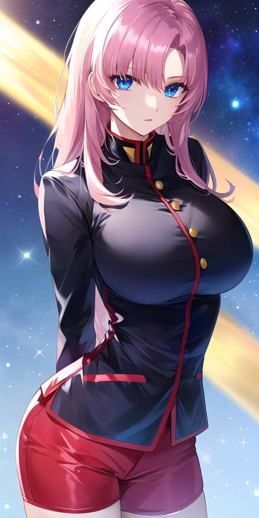 <lora:UtenaV3:0.7> utenatenjou, huge_breasts, standing, solo, arms_behind_back, starry_sky,  black_jacket_long_sleeves_red_bike_shorts, masterpiece, best_quality, detailed_face, detailed_eyes, highres, beautiful, detailed, absurdres,