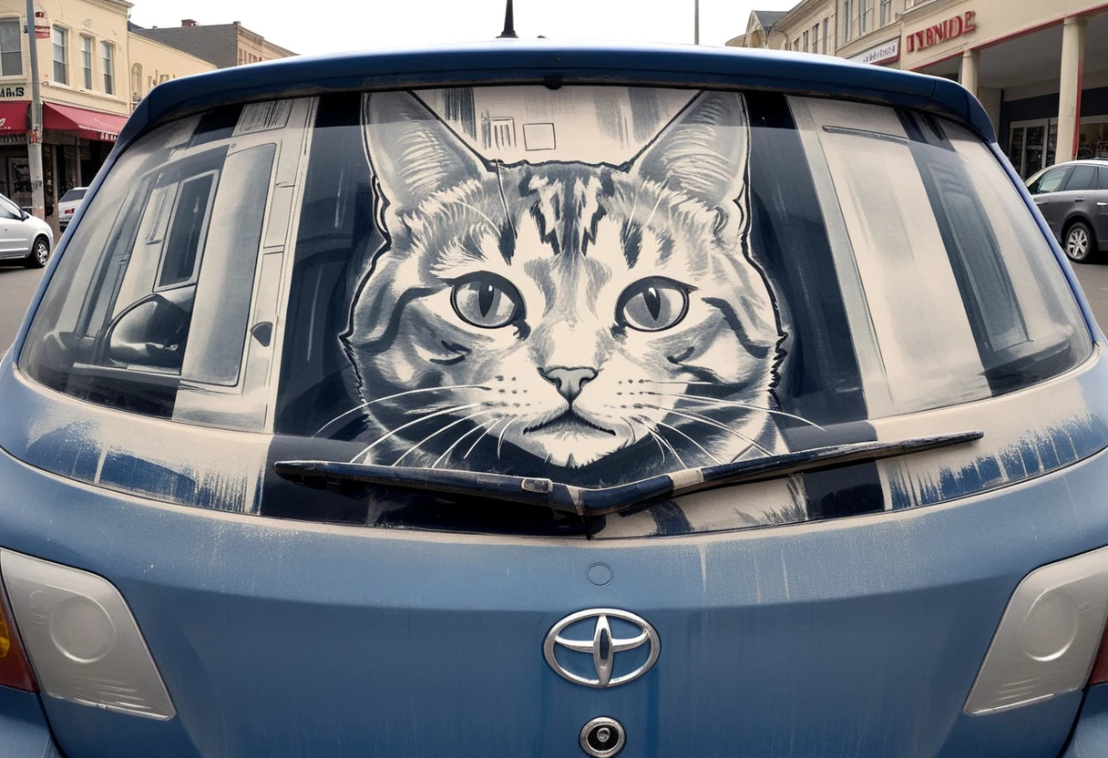 hud_drty_c4r_4rt, blue car, vehicle focus, car window BREAK traditional media, monochrome, cat, <lora:carart-000006:0.7>