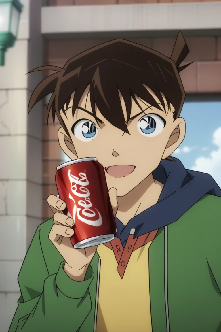 score_9, score_8_up, score_7_up, masterpiece, best quality, amazing quality, best aesthetic, ,absurdres,intricate details,male focus, solo
shinichi kudo, brown hair, blue eyes, green hoodie, yellow shirt, 1boy, male focus, solo, holding, smile, open mouth, can, :d, hood, holding can, short hair, hoodie, looking at viewer, jacket, bangs, anime coloring, outdoors, blurry, upper body, hair between eyes, hood down, drawstring, soda can, open clothes, long sleeves, day, blurry<lora:EMS-420465-EMS:1.000000>