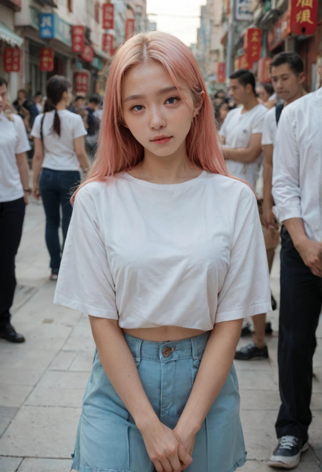 score_9, score_8_up, score_7_up, 1girl, looking at viewer, pink hair, portrait, blue eyes, white shirt, chinese, full body, outdoor, crowd