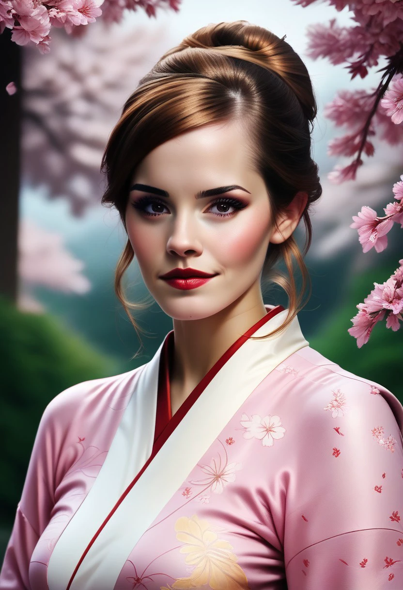 score_9, score_8_up, score_7_up, score_6_up, realistic, face of a woman dressed in a long kimono, bakcground a cherry blossom,emxwatson,