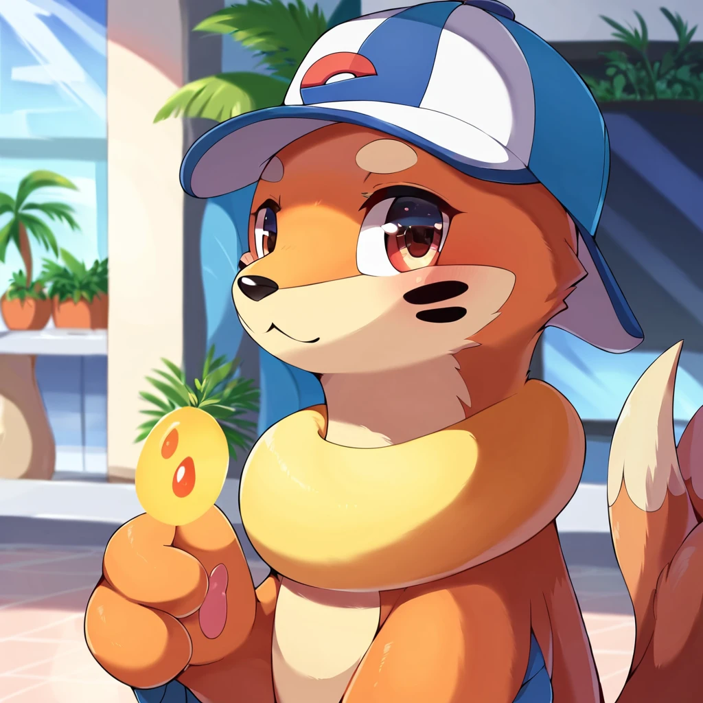 score_9, score_8_up, score_7_up, score_6_up, buizel, pokemon, feral, female, rating_safe, beautiful, outstanding, diadema, detailed, a photograph of buizel, in a mall, wearing a baseball hat, complex background, beautiful and detailed eyes, beautiful and detailed background, beautiful and detailed fur, adorable face, 2 tails