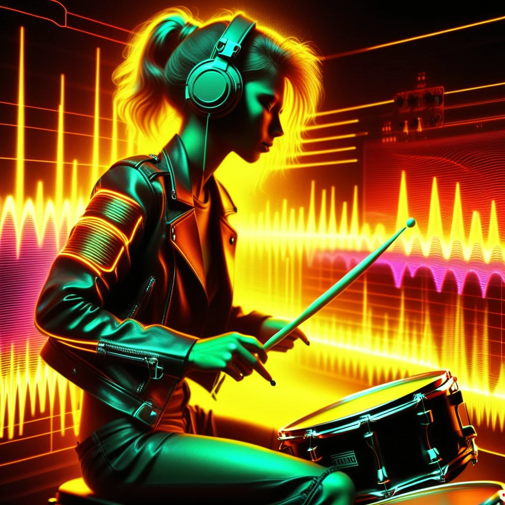 woman playing drums, neon, soundwaves, cool, realistic, music, album cover, abf_cover <lora:ABF_AlbumCover_2:1.1>, realistic,  <lora:add-detail-xl:.4>