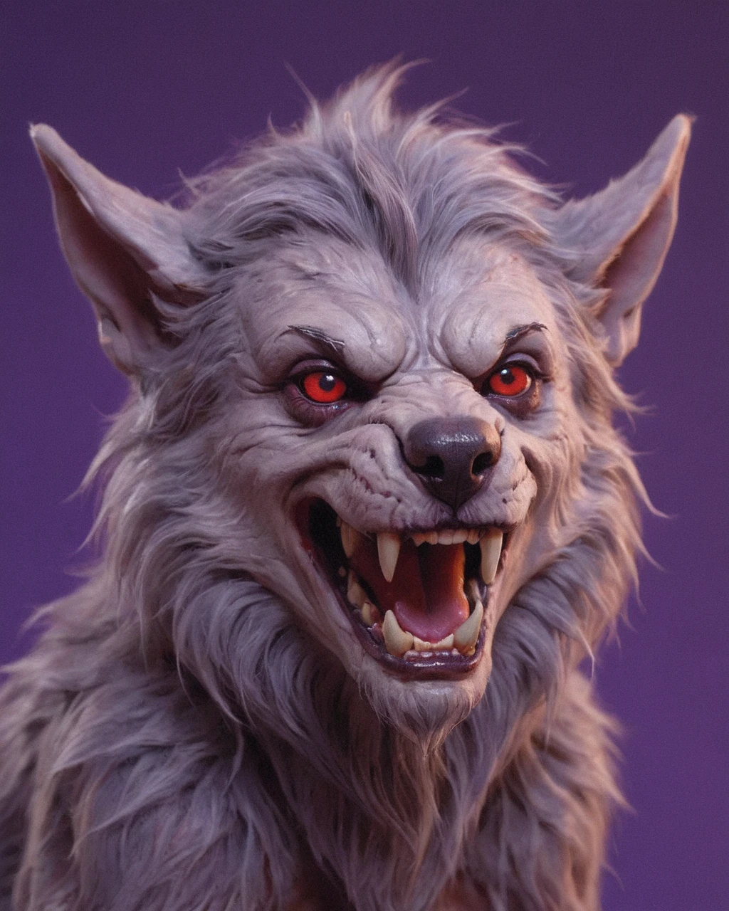 a female werewolf humanoid female canine with big red eyes, playful smirk for the camera, purple background, incredible soft fur realism, ultradetail photo, furry, coherent