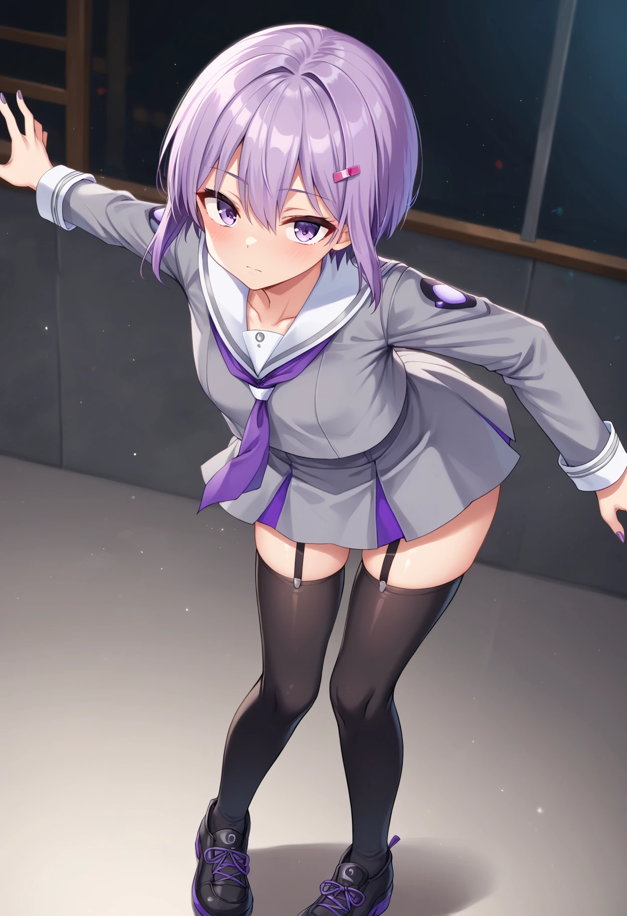 Reason, riri yuuhi, Aqua Eye, Pink Hair, short hair, hairpin, break blue footwear, blue Jacket, button, Jacket, Long sleeve, miniskirt, tie, , skirt, Knee socks, zettai ryouiki, break looking at viewer, break indoors, break (masterpiece:1.2), highest quality, High resolution, unity 8k wallpaper, (figure:0.8), (Detailed and beautiful eyes:1.6), Highly detailed face, Perfect lighting, Extremely detailed CG, (Perfect hands, Perfect Anatomy),Troubled face,blush,Watery eye,Huge breasts, Leg spread,(panties:1.1),striped panties,ribbon panties