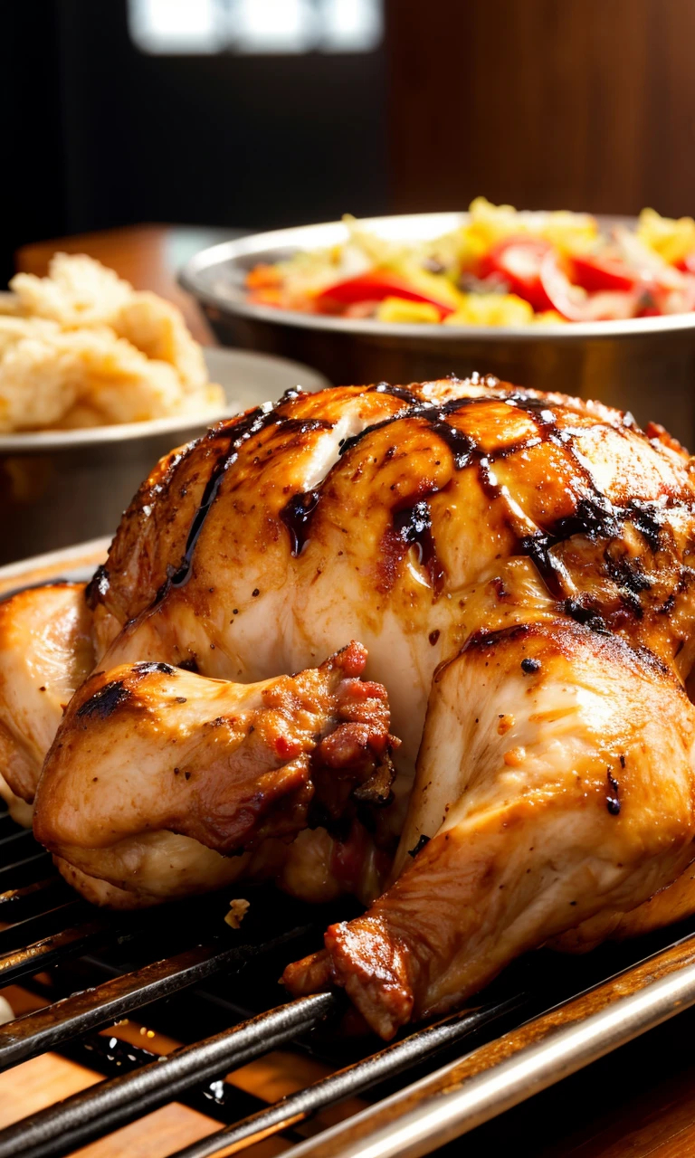 Cinematic camera perspective, Close-up of a delicious and tempting grilled chicken set, Restaurant background,