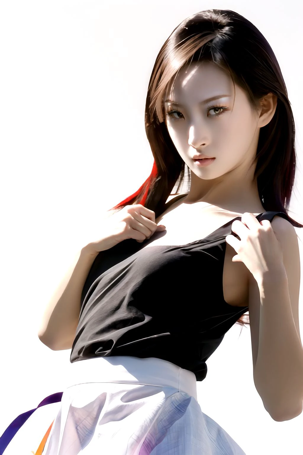 1girl, solo, medium breasts, looking at viewer, realistic, photorealistic, lips, long hair,   hyper detailed, super sharp, crisp, smooth, smooth gradients, depth of field, (in studio: 1.1), (white background: 1.1), <lora:youxuan:1> , <lora:breastsizeslideroffset:-0.3>, <lora:add_detail_v5:1>, dress, skirt