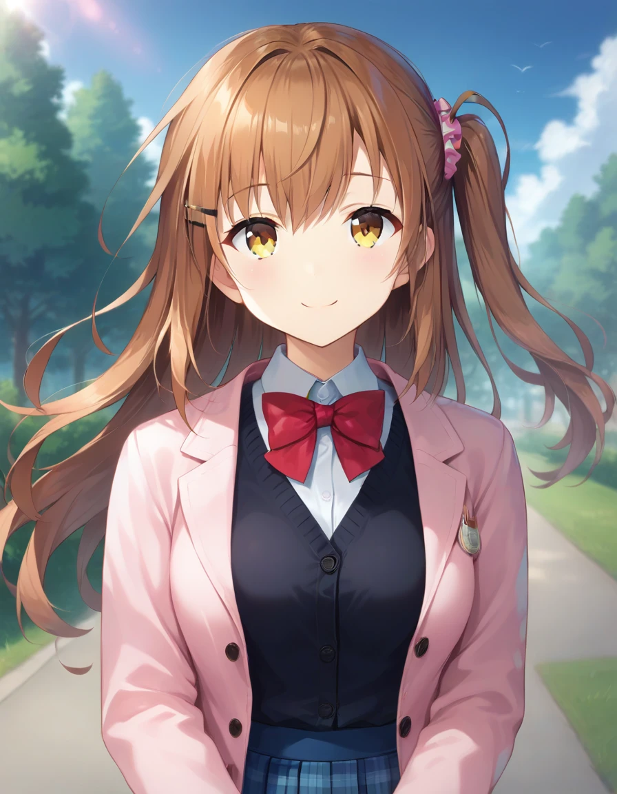 score_9,score_8_up,score_7_up,score_6_up BREAK official art,solo,outdoors,smile,upper body,(portrait:1.5),looking at viewer,facing viewer,Himeno Sena,long hair,brown hair,one side up,hair scrunchie,hairclip,hair ornament,sidelocks,floating hair,bangs,yellow eyes,pink cardigan,open cardigan,school uniform,black vest,red bowtie,collared shirt,white shirt,long sleeves,medium breasts,skindentation,blue skirt,miniskirt,plaid skirt,pleated skirt,black pantyhose,loafers,<lora:Himeno Sena(ksak)-Pony>,<lora:Smooth Anime Style LoRA XL:0.8>,