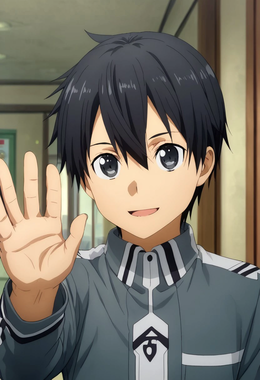 high resolution, solo, best quality, 1Boy, Kazuto Kirigaya, Black Hair, Black Eyes, Waving at camera, cheerful, friendly, inviting,