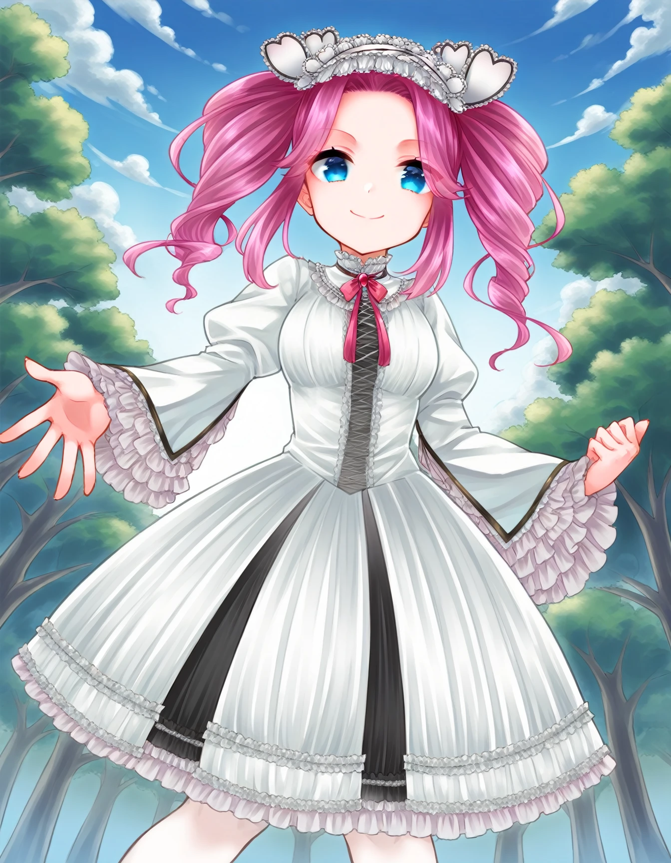 One girl, Cosmetan, methane, Twin Drill, Pink Hair, blue eyes, dress, pantyhose, Outdoor, Fallen leaves, (((skirt lift))), (((white panties, White garter belt, white garter hose))),