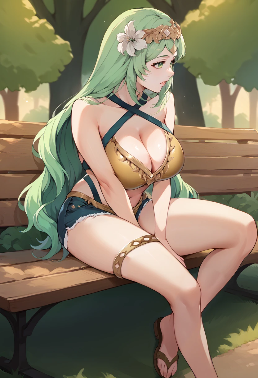 score_9, score_8_up, score_7_up, score_6_up, BREAK 1girl, sitting, hand on thigh, from side, parted lips, <lora:FEEngageSwimwear-pdxl:1> fe17swim, halterneck, gold bikini, navel, big breasts, cleavage, thighlet, sandals, denim shorts, <lora:rhea-pdxl-nvwls-v1:1> altrhea, green hair, tiara, hair flower, outdoors, park, bench