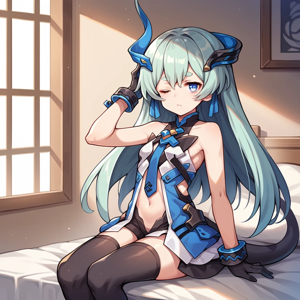 score_9_up, score_8_up, score_7_up, score_6up, source_anime, 1girl, solo, Liliya, Lili_Def, sun light, shadow, sitting on bed, wink, hand on head, tired, sleepy, Wariza, feet, long hair, tail, blue hair, thick eyebrows, single horn, asymmetrical horns, sleeveless dress, open dress, navel, blue necktie, black thighhighs, blue ribbon, black gloves, dynamic cowboy shot, indoors, bedroom background,