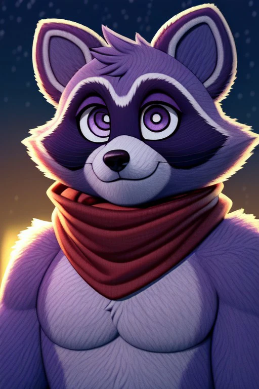 (male, raccoon, rambley:1.25),
(purple eyes, red scarf:1.2),
(cozy, fluffy, tuft, indigo thick fur:1.1),
fur tuft, elbow tuft, facial tuft, cheek tuft, chest tuft, neck tuft,
(masterpiece, best quality, 4k, 2k, shaded, absurd res, ambient light on the body), ultra realistic, (high detail:1.1)