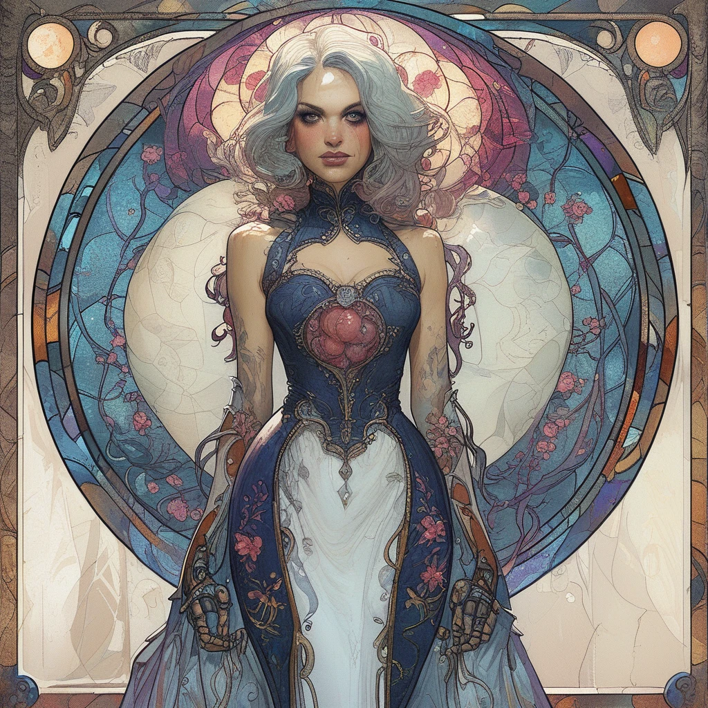 score_9, score_8_up, score_8, Bionic Woman,1girl, looking at looking at viewer, Heavy Night Dress, Stained glass background, ArsMJStyle, art nouveau,   <lora:ArsMJStylePony_-_Art_Nouveau:1>