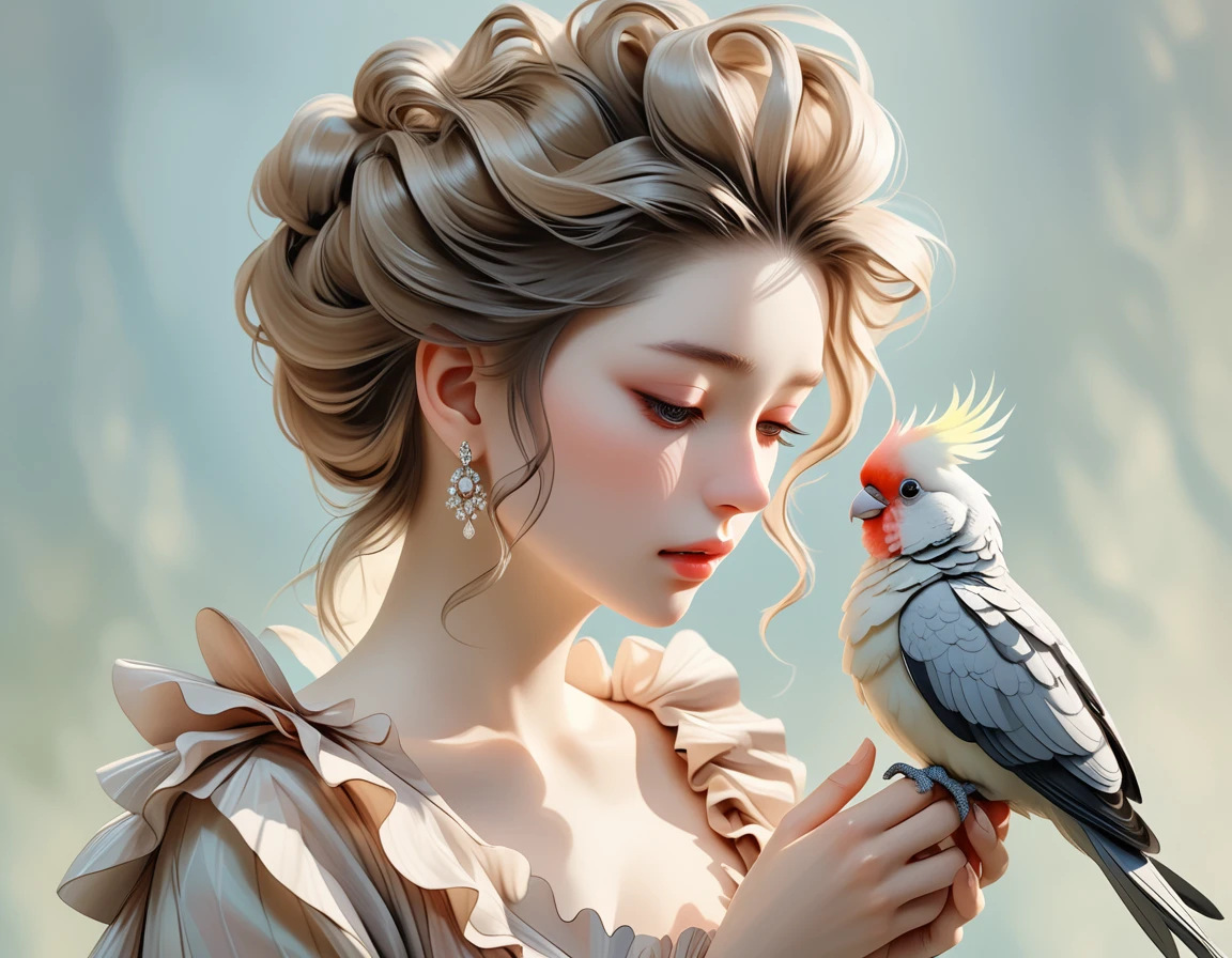 a woman in a delicate ruffled dress gently holds a cockatiel close to her face both appearing serene in a soft muted background