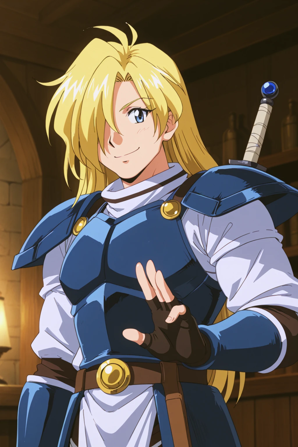 solo, long hair, smile, blue eyes, blonde hair, gloves, 1boy, male focus, fingerless gloves, armor, hair over one eye, shoulder armor, pauldrons, retro artstyle