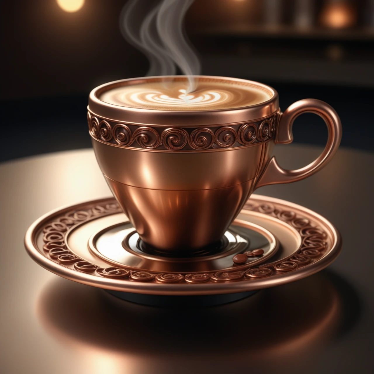 a coffee made out of Jed-ANC, masterpiece, full of details, ambient light, sharp and in focus,  <lora:ArtNouveauCopperStyle:0.7>