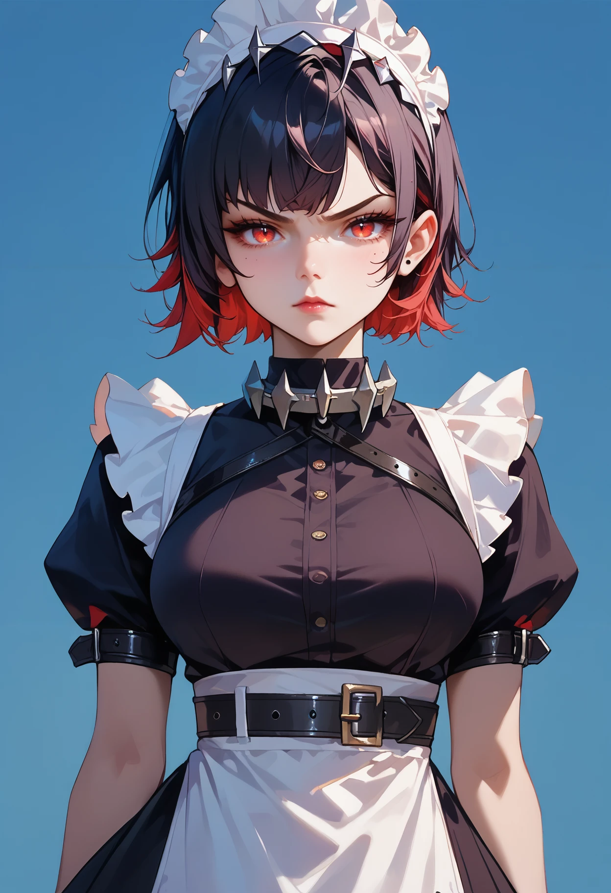 score_9,score_8_up,score_7_up,score_6_up <lora:ellen_joe_zzz_xl:0.7>ellen-joe-zzz, >:\(, 1girl, belt, black belt, black dress, black hair, breasts, colored inner hair, dress, large breasts, looking at viewer, maid, maid headdress, multicolored hair, red eyes, red hair, short hair, solo, upper body, v-shaped eyebrows