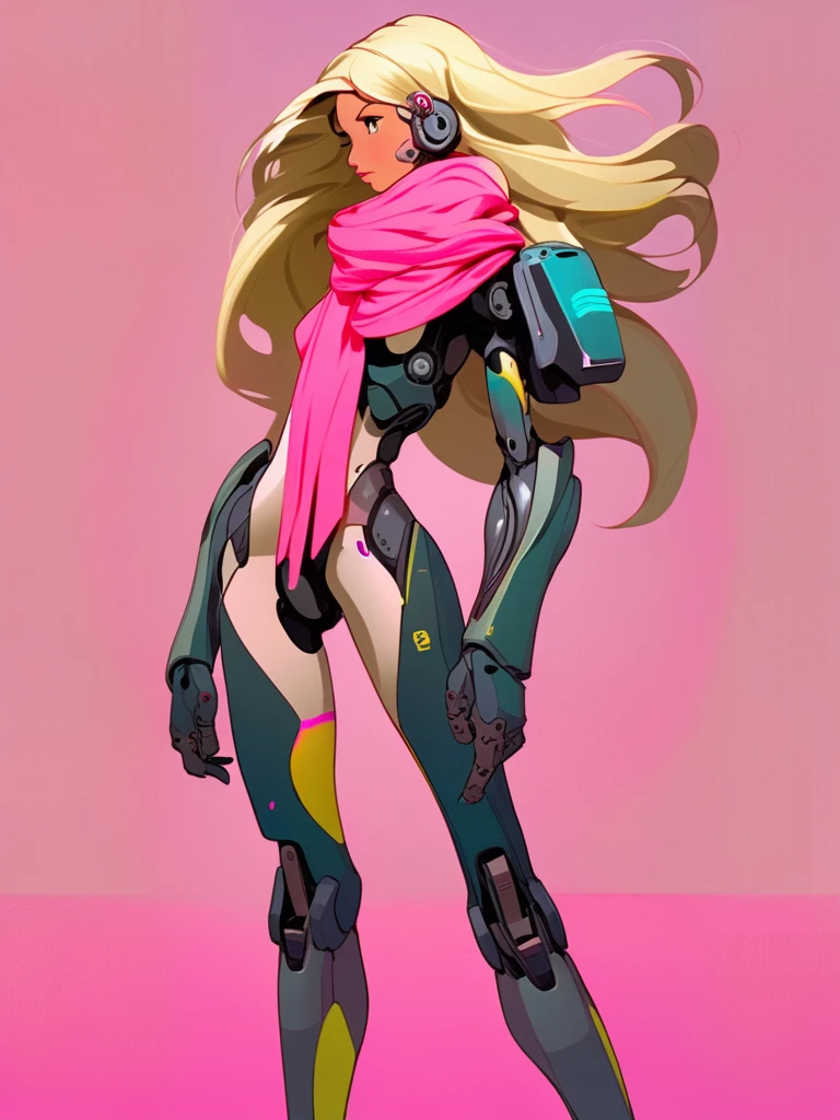 masterpiece, best quality, 1girl, bodysuit, full body , long hair, blonde hair, mechanical arms, medium breasts, pink scarf, science fiction, solo, standing, simple background