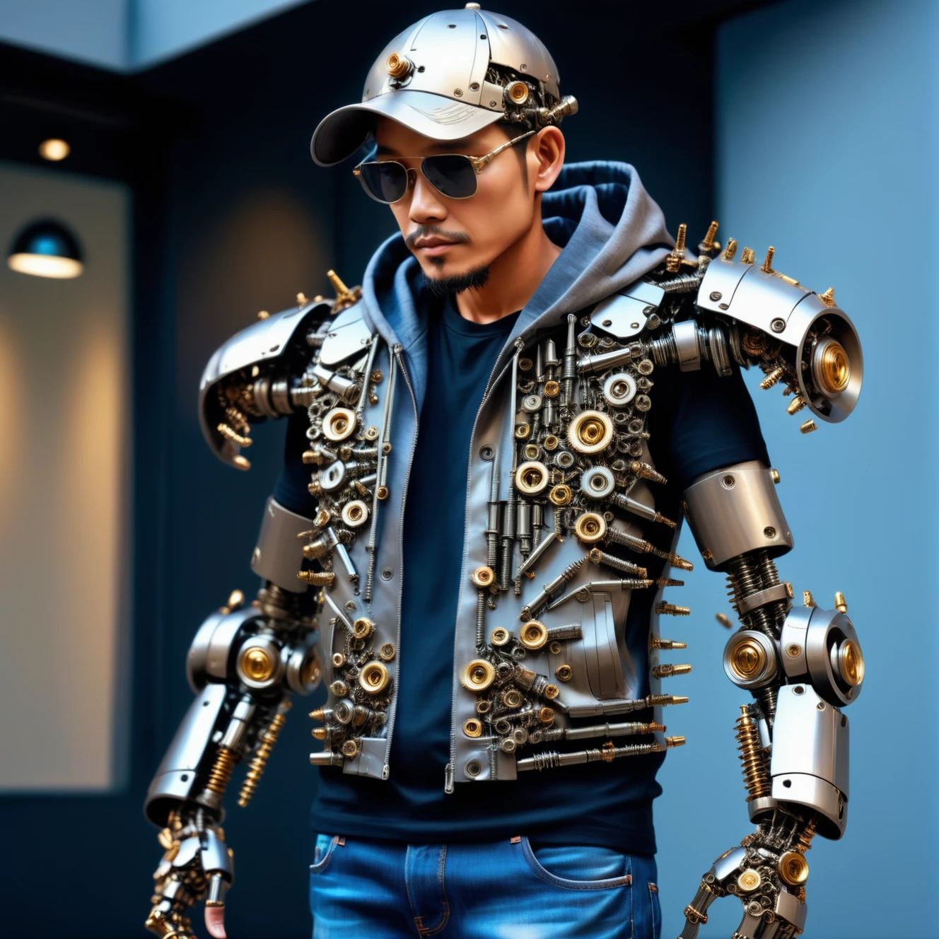 a man wearing an outfit made out of Jed-Screws, photorealistic, full of details, detailed screws,   <lora:SteelScrewsStyle-000006:0.7>