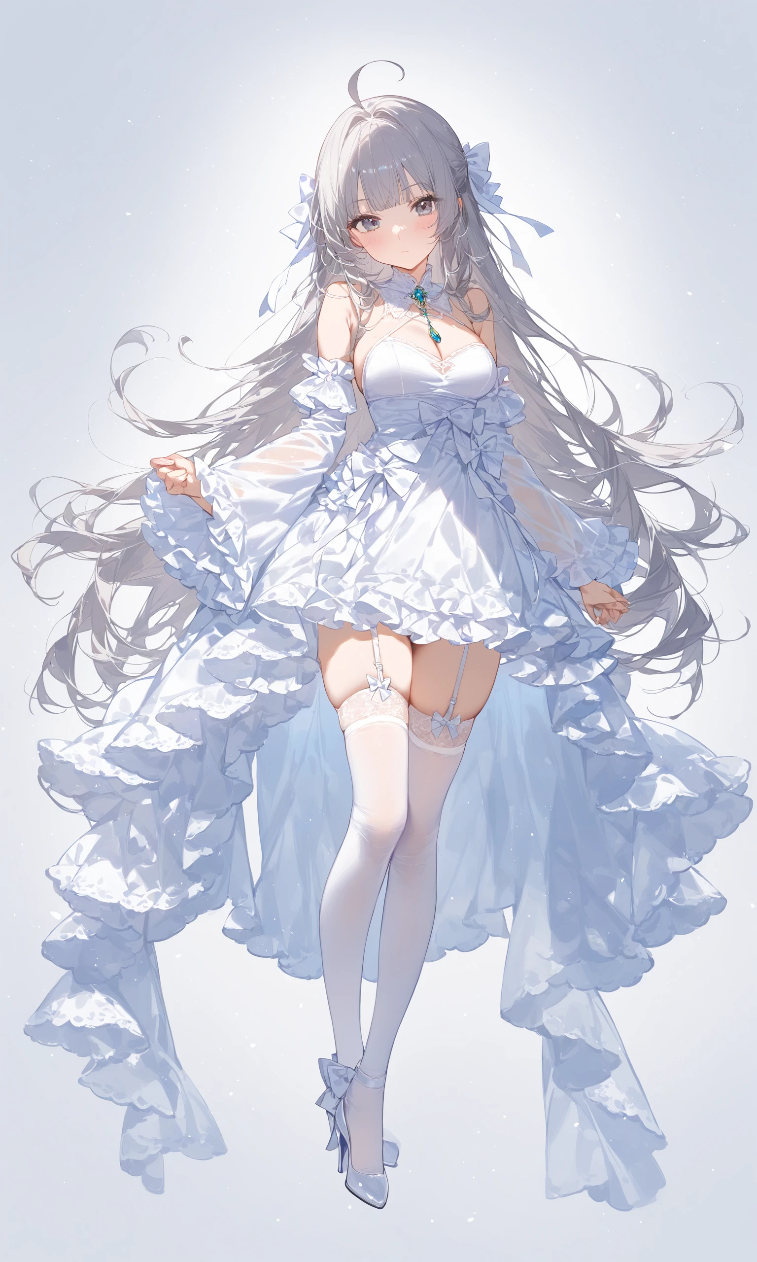 1girl, solo, long hair, breasts, bangs, simple background, thighhighs, white background, dress, bow, bare shoulders, jewelry, very long hair, closed mouth, full body, ahoge, grey hair, frills, detached sleeves, wide sleeves, white dress, high heels, white thighhighs, see-through, grey eyes, garter straps, white footwear, white bow, gem, white theme,masterpiece, best quality, score_9, score_8_up, score_7_up, ultra-detailed, Best-A, Medium-B, Low-C, Bad-D,