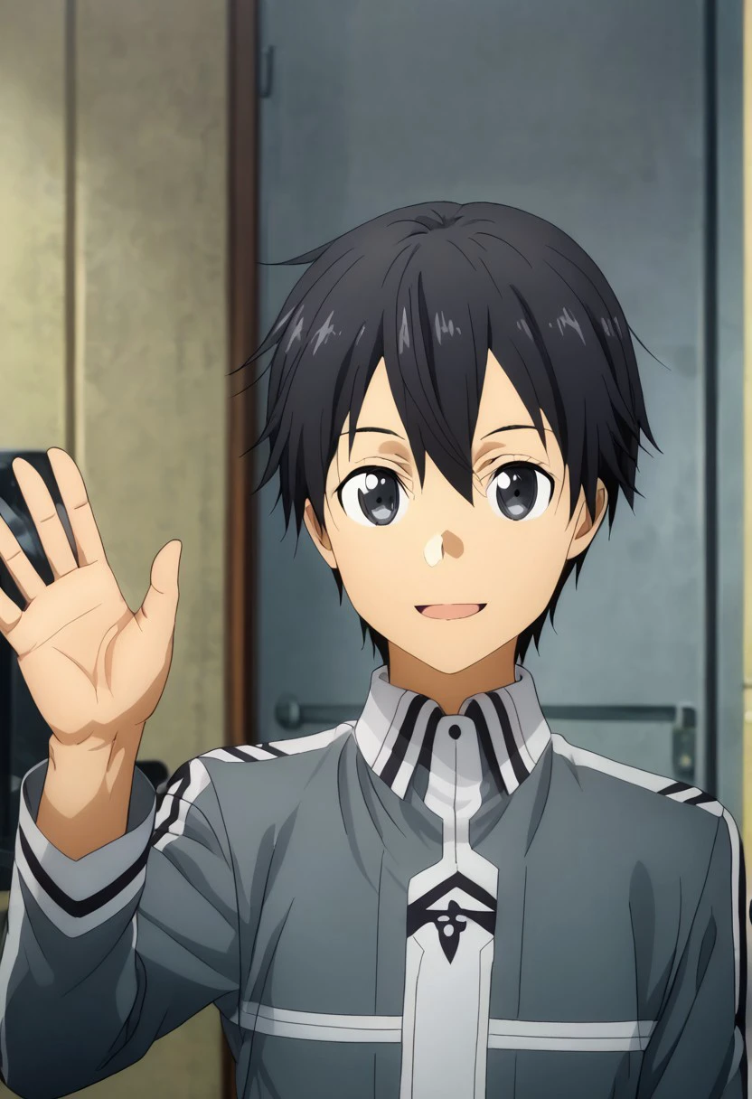 high resolution, solo, best quality, 1Boy, Kazuto Kirigaya, Black Hair, Black Eyes, Waving at camera, cheerful, friendly, inviting,