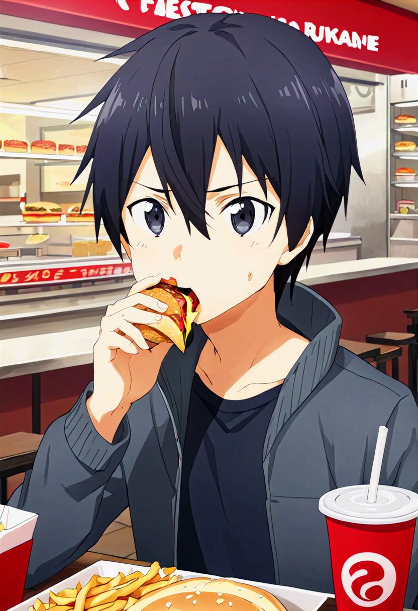 high resolution, solo, best quality, 1Boy, Kazuto Kirigaya, Black Hair, Black Eyes, eat, fast food, fast food restauran, restaurant,