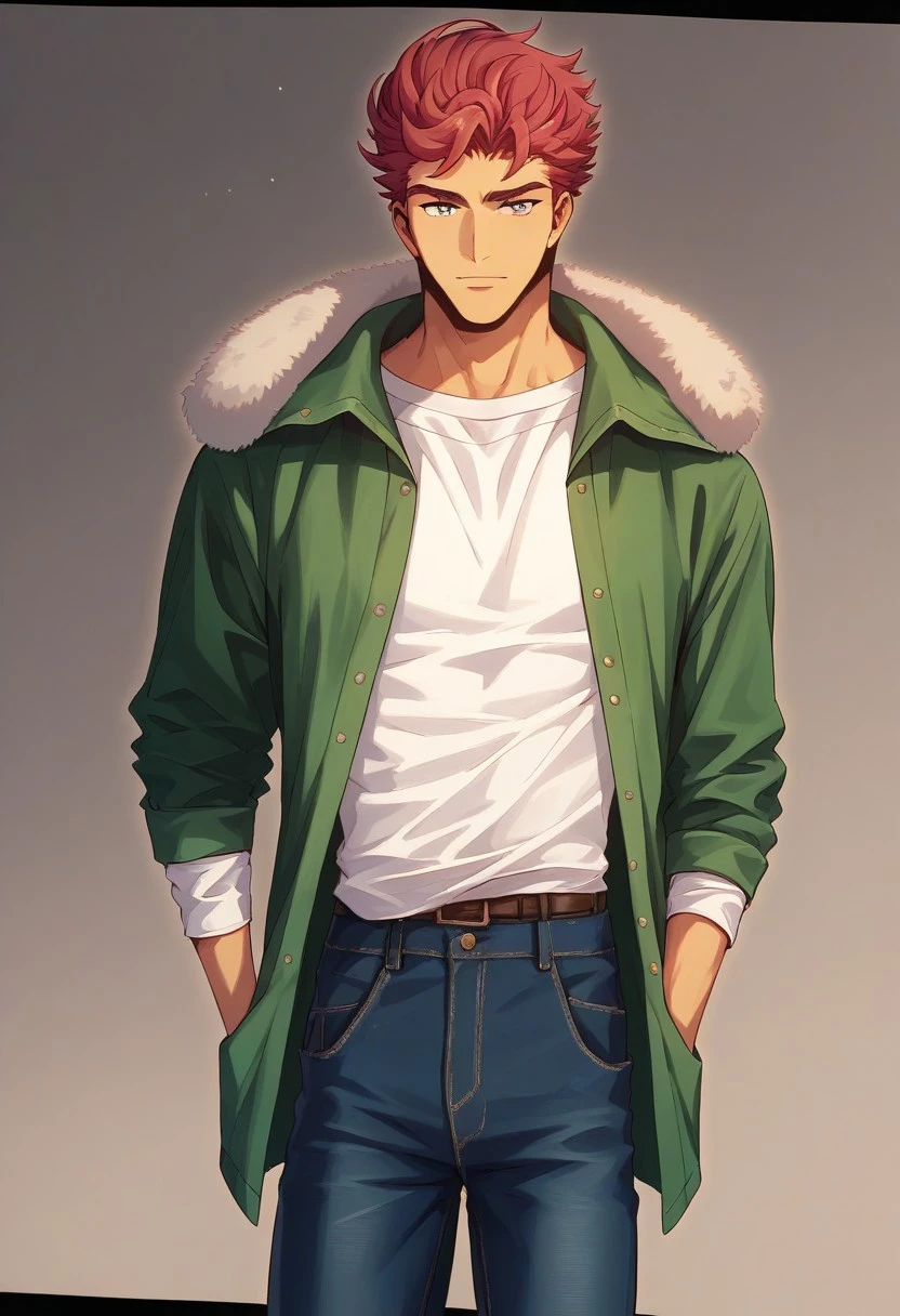 , score_9, score_8_up, score_7_up, masterpiece, , line art, anime,, detailed, <lora:Expressive_H:0.45> Expressiveh, Danji_Moyomama, male, white shirt, jeans, holding jacket