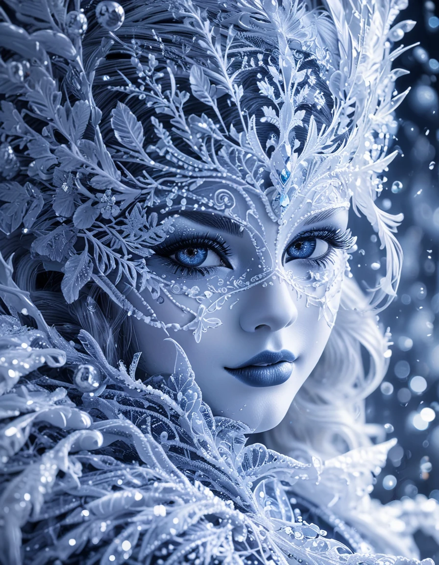 chubby ice woman wearing lace masquerade mask <lora:novuschroma47 style:1> novuschroma47 style