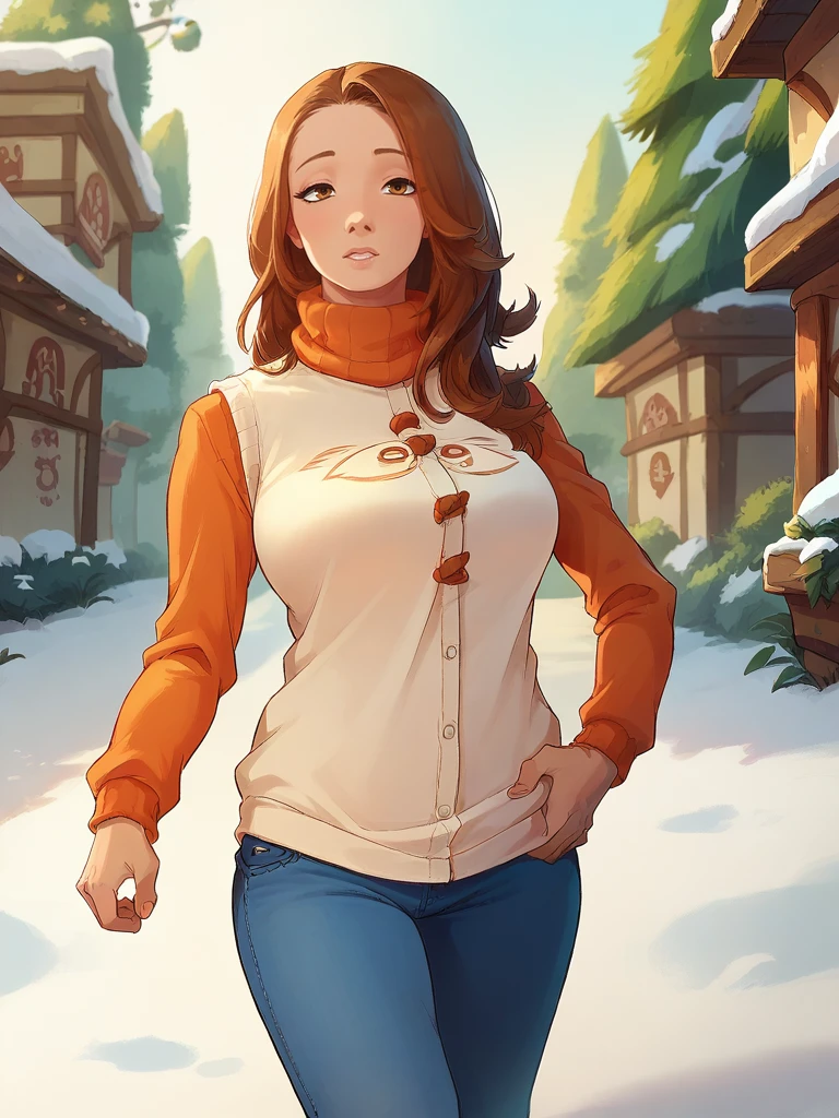 (luciewilde:1.2), dofus, score_9, score_8_up, score_7_up, dofus, luciewilde, 1girl, solo, long hair, breasts, brown hair,turtleneck sweater, brown eyes, jewelry, walking,pants, snow, tundra <lora:dofus-PN:1.5>  <lora:luciewilde-pony:1.5>