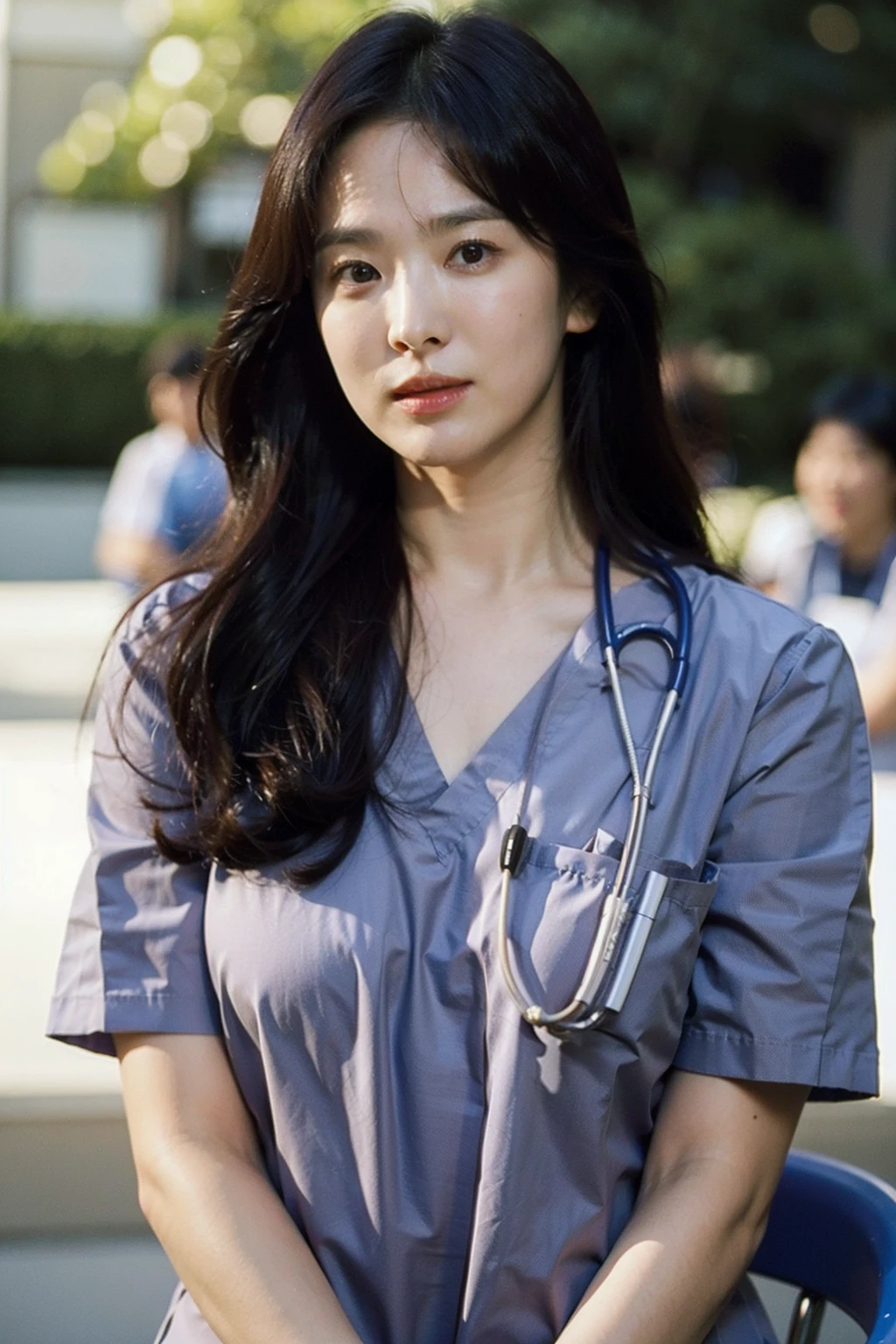 Best quality, masterpiece, ultra high res, (photorealistic), raw photo,1girl, skinny, upper body,solo, realistic, looking at viewer, long hair, bokeh background, inside hospital, doctor,   <lora:makina69_songhyekyo_v1.0:1>,, stethoscope, surgeon uniform,