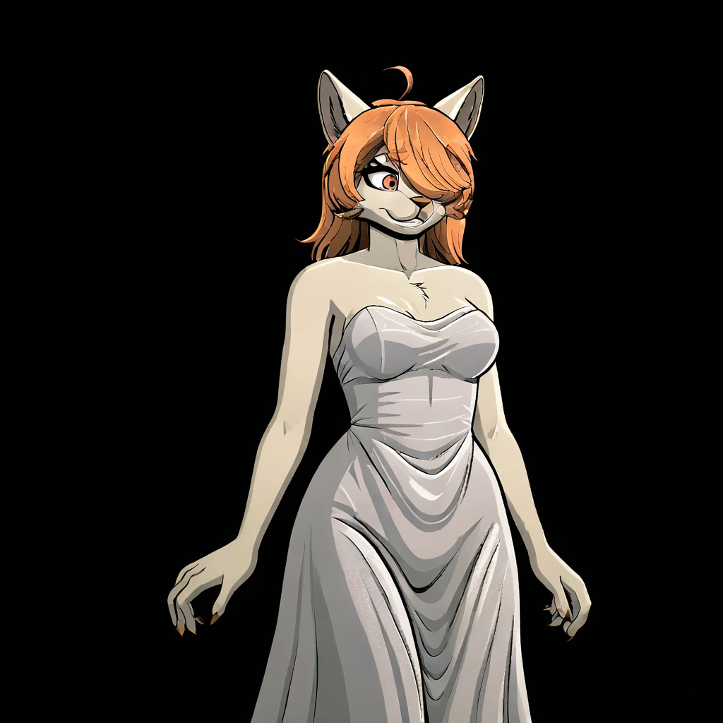 core_9, score_8_up, score_7_up, source_anime,source_furry,source_game,female,anthro,furry, score_9,4k, HD, 8k, highres, antialiasing, texture, source_cartoon BREAK, Hanna Fondant, breasts, in dress, hair over one eye, orange hairs