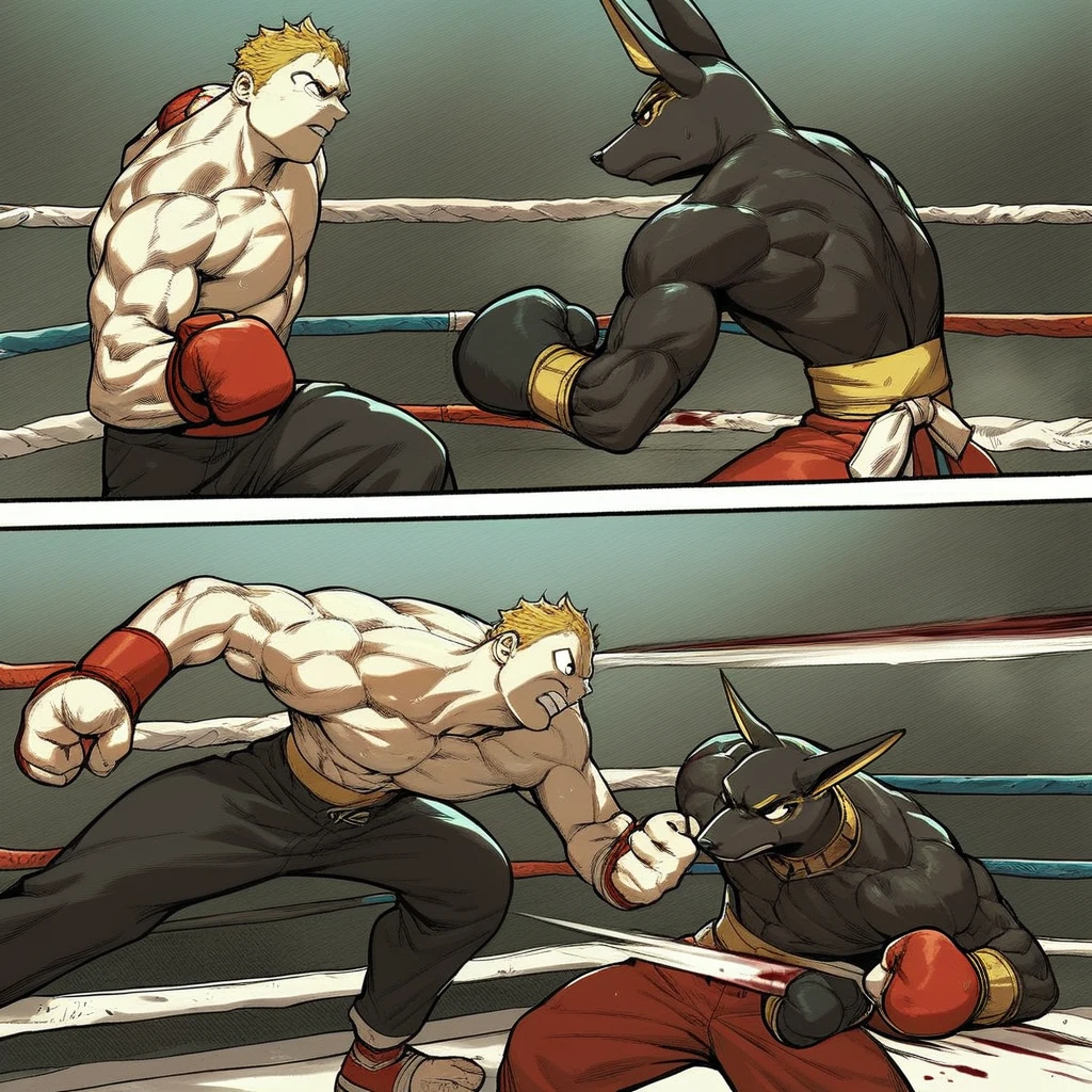 score_9, score_8_up, score_7_up, score_6_up, score_5_up, score_4_up, source_furry, duo, two large muscular anthro anubis's, fighting, smashing face into ground, fight scene, battle, fists, dynamic, multiple panels and angles, comic, muscular, topless male, blood, male focus, 2boys, multiple boys, punching, 1boy, battle,