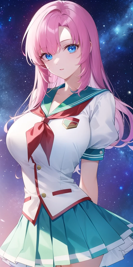 <lora:UtenaV3:0.7> utenatenjou, huge_breasts, standing, solo, arms_behind_back, starry_sky,  white_shirt_puffy_short_sleeves_green_sailor_collar_layered_skirt_green_skirt_white_skirt_pleated_skirt_red_neckerchief, masterpiece, best_quality, detailed_face, detailed_eyes, highres, beautiful, detailed, absurdres,