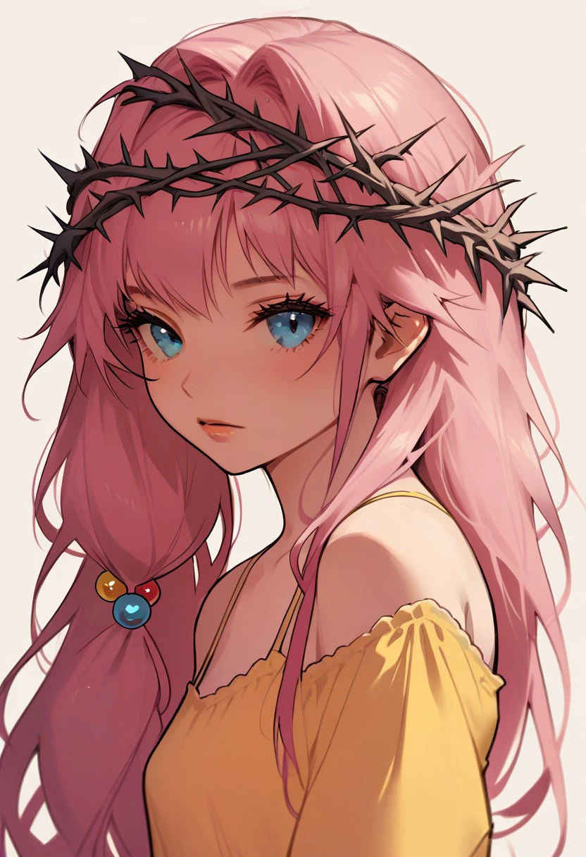 score_9, score_8_up, score_7_up, score_6_up, score_5_up, 1girl, (crown of thorns), simple background, yellow sundress, pink hair, blue eyes, hair bobbles, twintails, long hair, small breasts